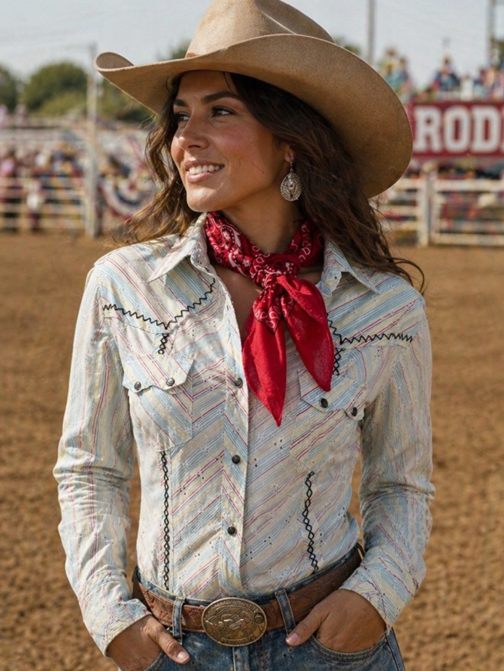 Cruel Girl Western Style Embroidered Snap Shirt Pastel Stripe Eyelet Rodeo, Sz L - Picture 2 of 14